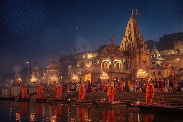 Priests in saffron robes raising fire lamps during the evening Ganga Aarti at Dashashwamedh Ghat